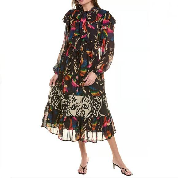 FARM Rio Dresses & Skirts - Farm Rio Macaws Flight Tie-Neck Midi/Maxi Dress - Black - Boho - Flowy - Size S
